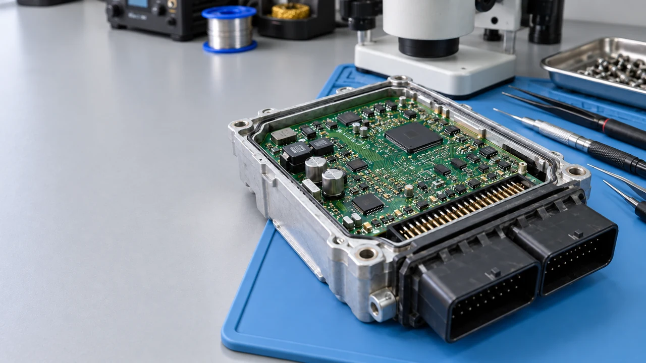 Illustratie van een geopende ECU op een schone elektronicawerkbank